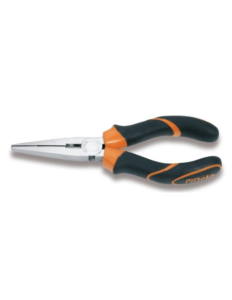 Pinze a becchi piatti lunghissimi diritti zigrinati, cromate, impugnatura bimate Pinze a becchi piatti lunghissimi diritti zigrinati, cromate, impugnatura bimate