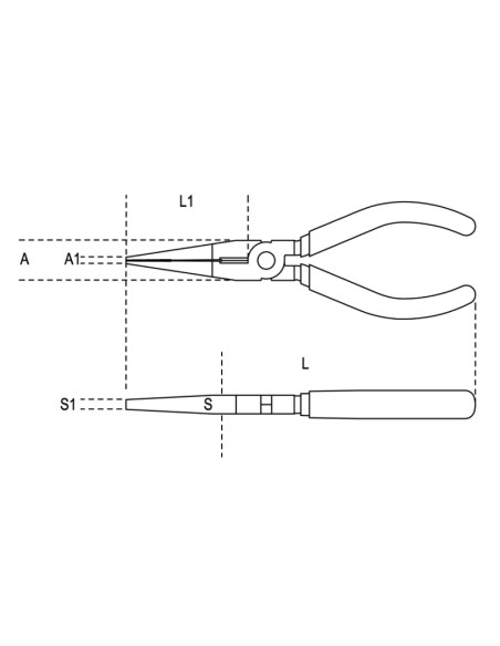 Pinze a becchi piatti lunghissimi diritti zigrinati, cromate, impugnatura bimate Pinze a becchi piatti lunghissimi diritti zigrinati, cromate, impugnatura bimate