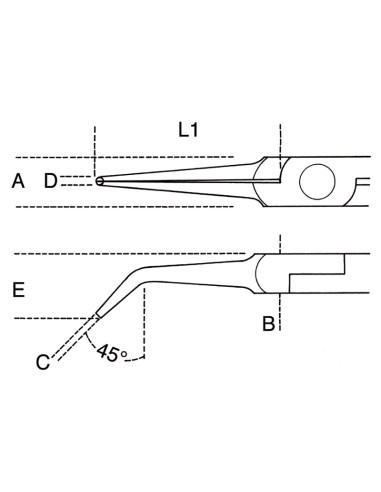 Pinza per elettronica a becchi mezzotondi lunghi lisci rastremati piegati impugn