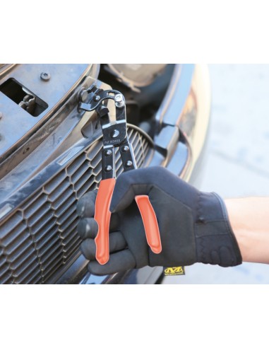 Pinza con testa orientabile per pioli in plastica con clips a pressione