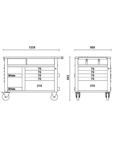 Carrello SuperTank con piano di lavoro in legno e 10 cassetti
