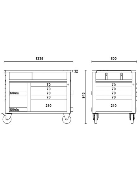Carrello SuperTank con piano di lavoro in legno e 10 cassetti