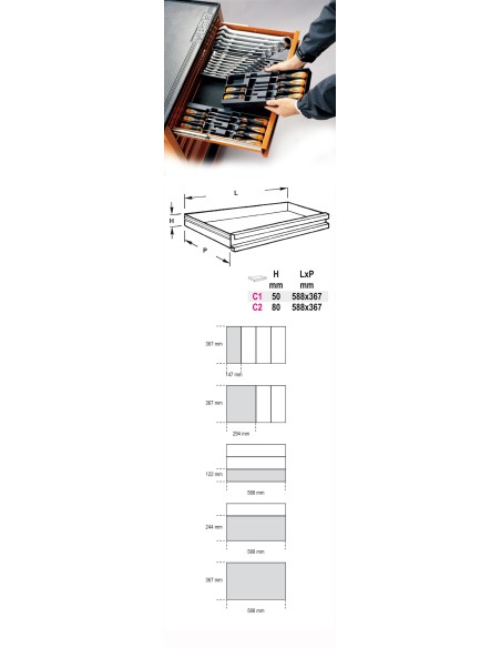Termoformato rigido in ABS con 3 vaschette portaminuterie per cassettiera C04TSS
