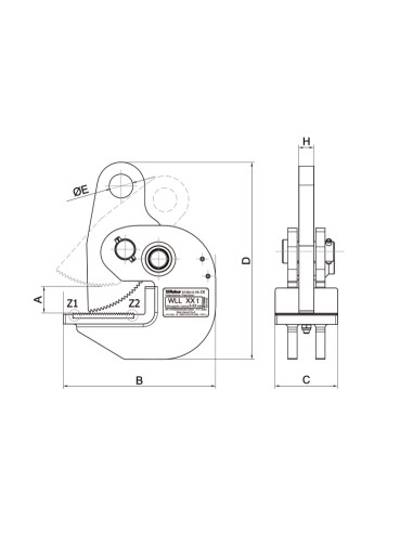 Pinza per sollevamento orizzontale di superfici piane con durezza max 30HRC/300H