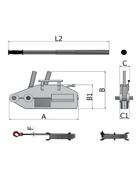 Argano manuale a fune passante, corpo in lega di alluminio completo di leva di a Argano manuale a fune passante, corpo in lega di alluminio completo di leva di a