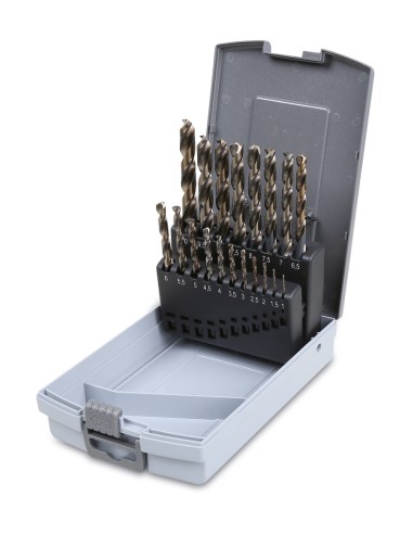 Serie di 19 punte in HSS con affilatura speciale a doppio cono di penetrazione