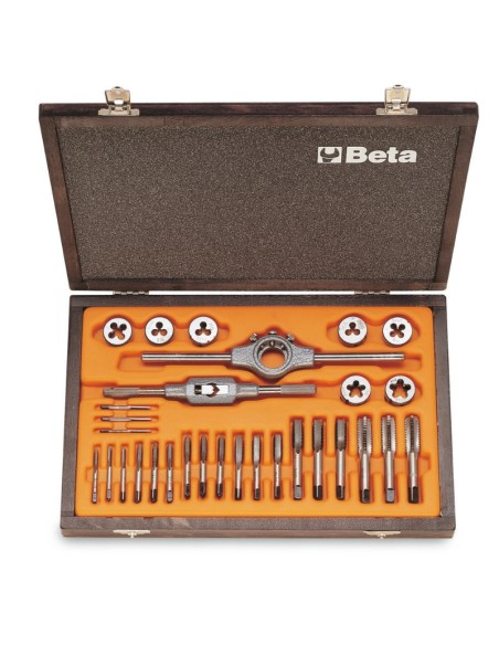 Assortimento di maschi e filiere con accessori in acciaio al cromo filettatura m Assortimento di maschi e filiere con accessori in acciaio al cromo filettatura m