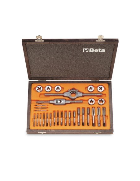 Assortimento di maschi e filiere con accessori in acciaio al cromo filettatura m Assortimento di maschi e filiere con accessori in acciaio al cromo filettatura m