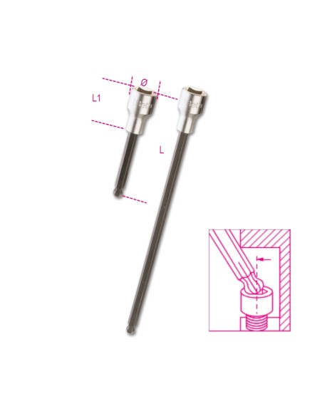 Chiavi a bussola maschio esagonale con estremità sferica con quadro femmina 1/2 Chiavi a bussola maschio esagonale con estremità sferica con quadro femmina 1/2